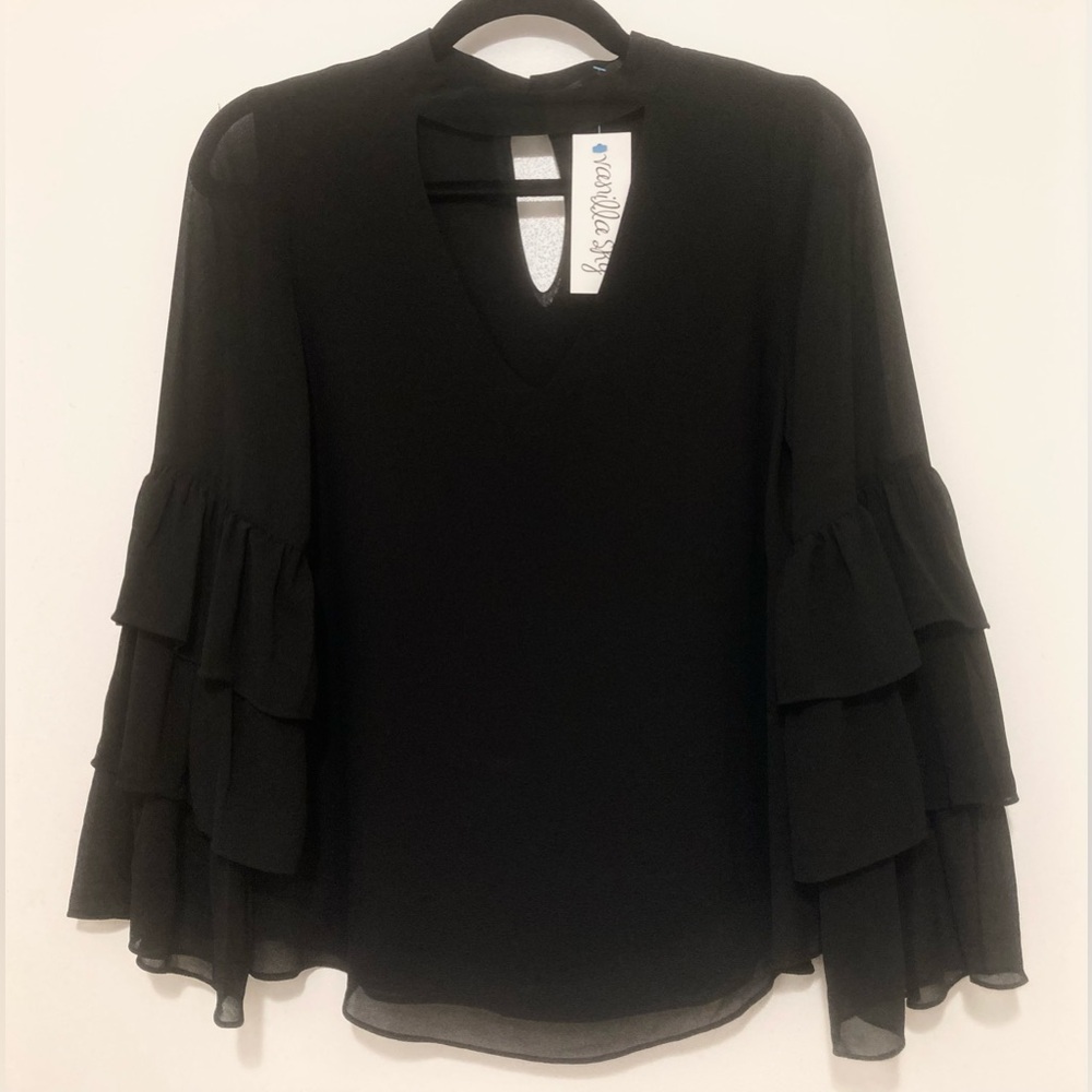 Vanilla Sky Elegant Black Ruffle Sleeve Top Size Small